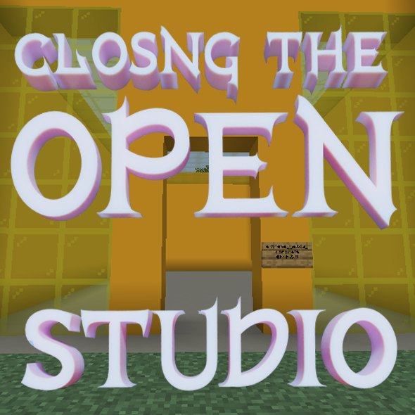 Flyer for the Closing the Open Studio, showing the title text in front of an extreme yellow building